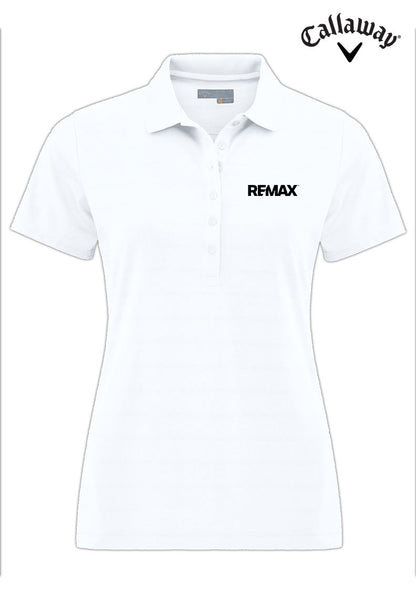 A white short-sleeve polo shirt with a collar and button placket, featuring a black 'REMAX' logo printed on the left chest. The Callaway brand logo is visible in the top right corner.
