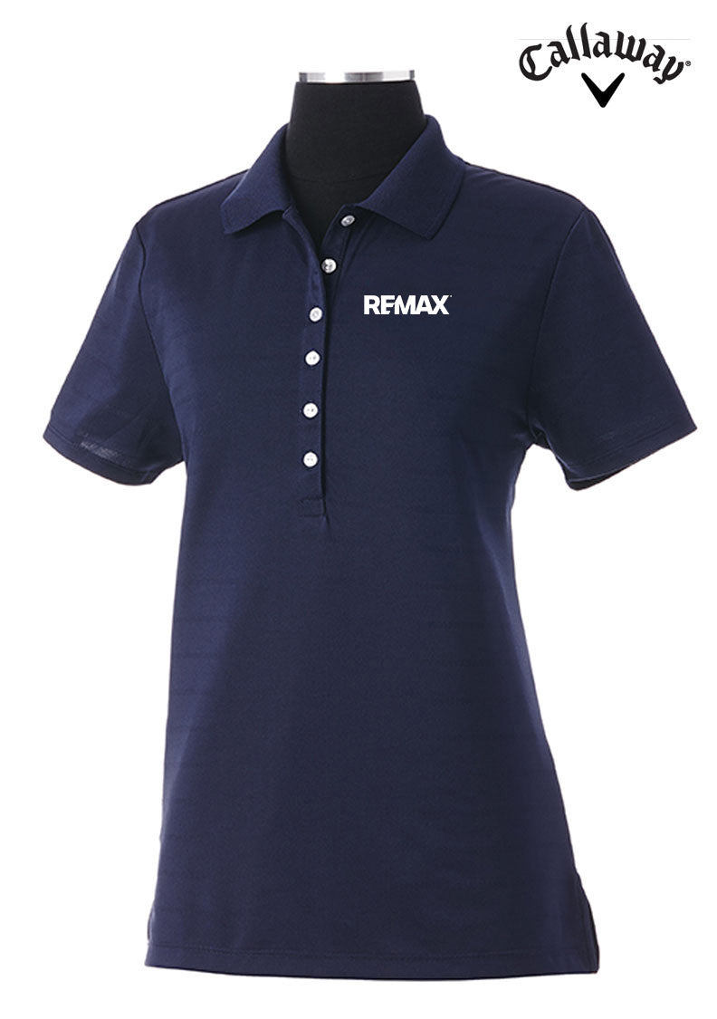 A navy blue short-sleeve polo shirt displayed on a black mannequin torso against a white background, featuring the Callaway logo in the top right corner and 'REMAX' printed in white on the left chest.