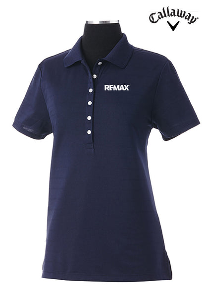 A navy blue short-sleeve polo shirt displayed on a black mannequin torso against a white background, featuring the Callaway logo in the top right corner and 'REMAX' printed in white on the left chest.