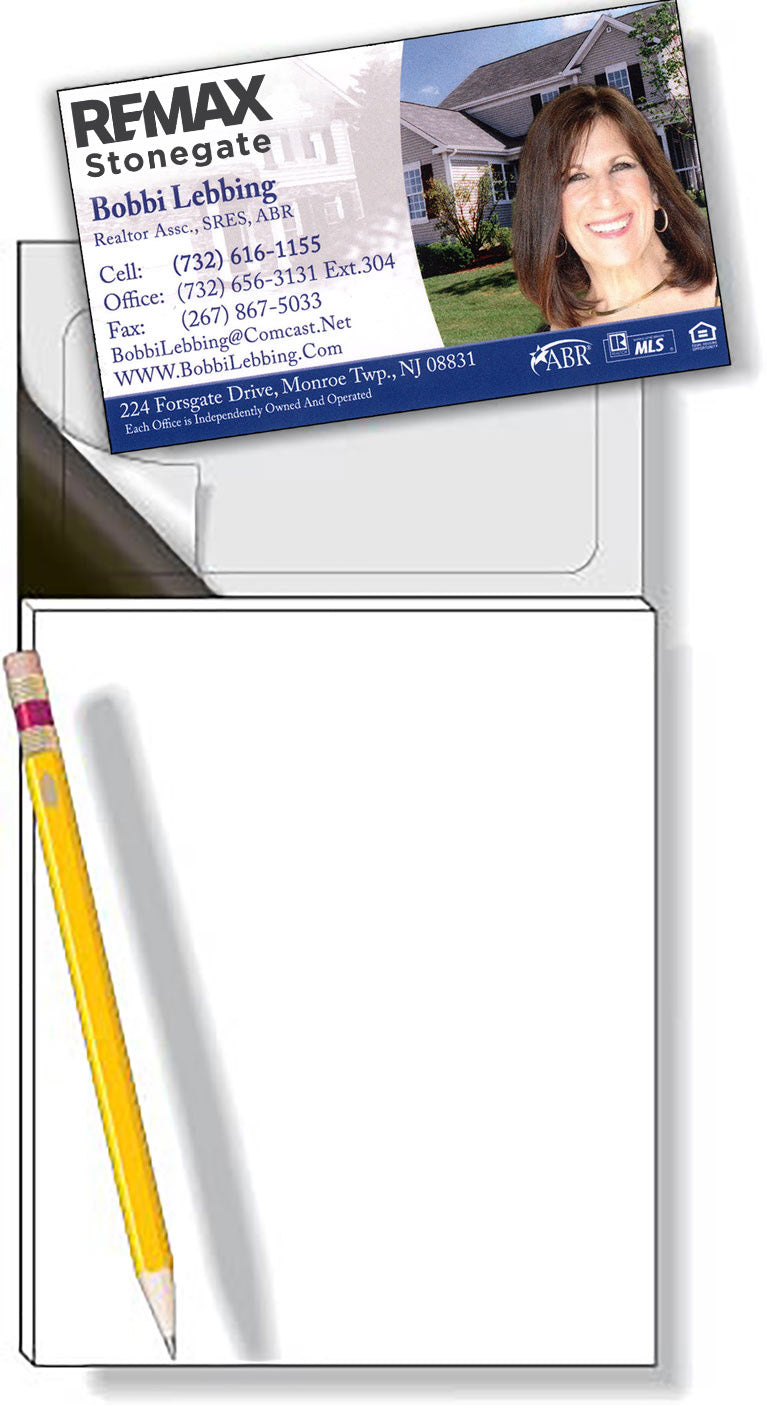 Real estate agent business card with a pencil and envelope