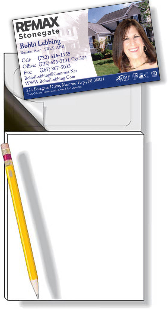 Real estate agent business card with a pencil and envelope