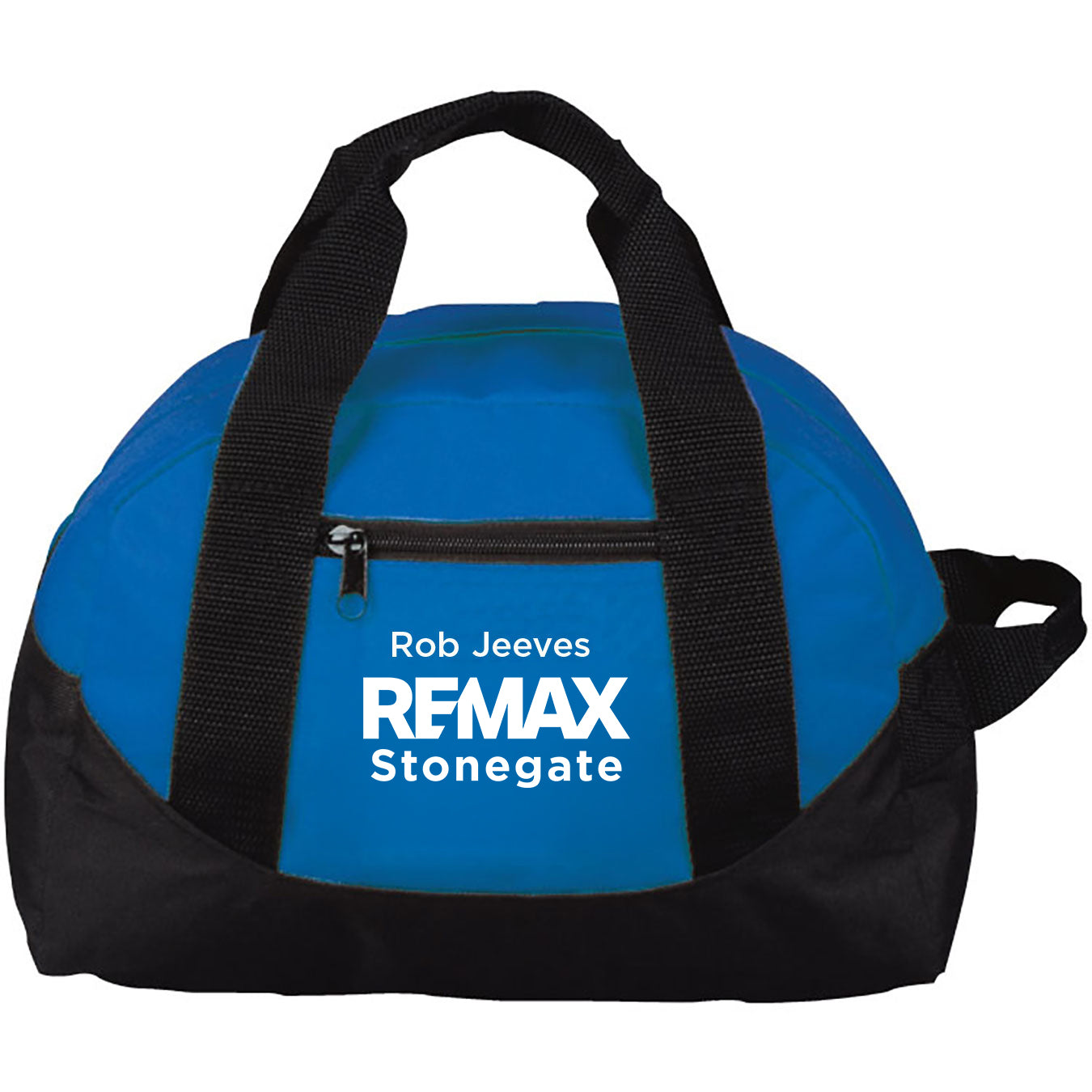 Blue duffel bag with black straps featuring 'Rob Jeeves REMAX Stonegate' text on a white background