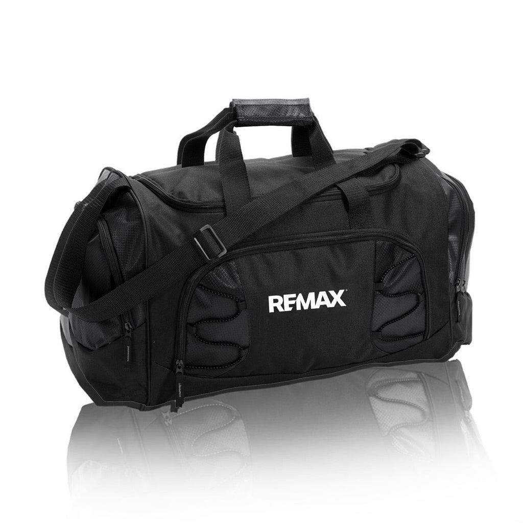 Black duffel bag with REMAX logo on a white background