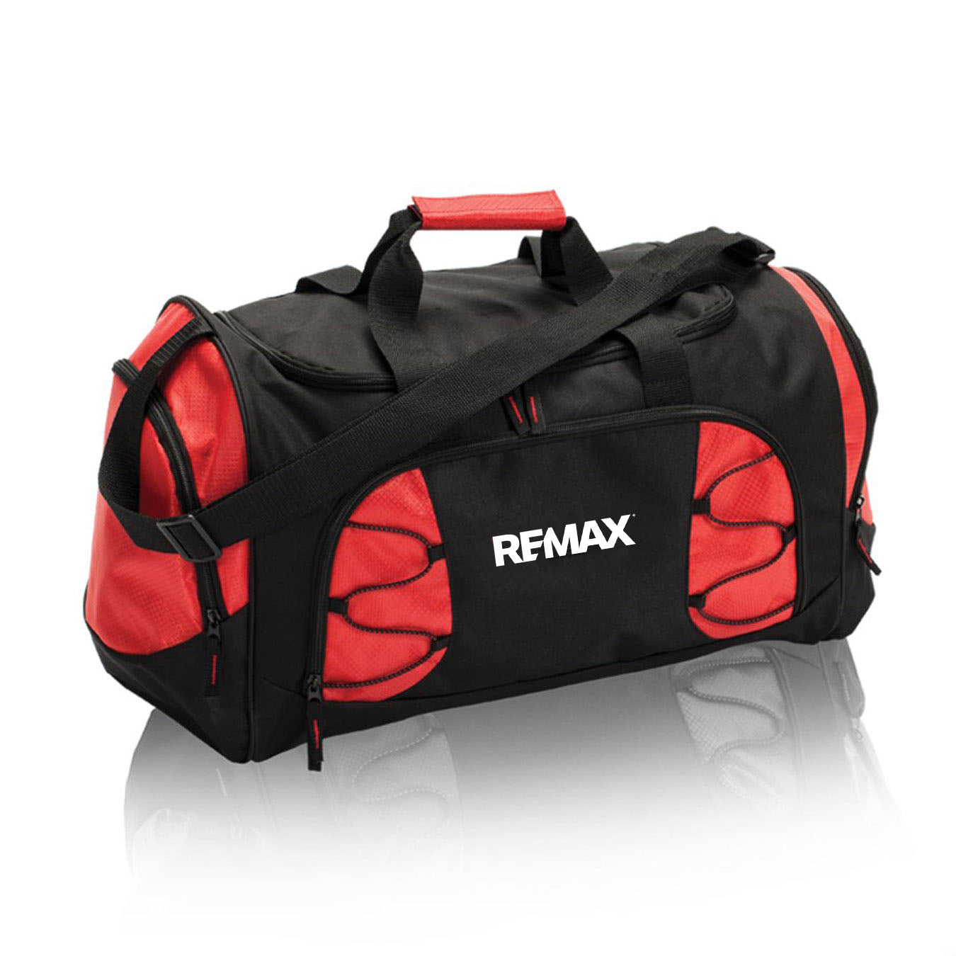 Black and red duffel bag with 'REMAX' branding on a white background