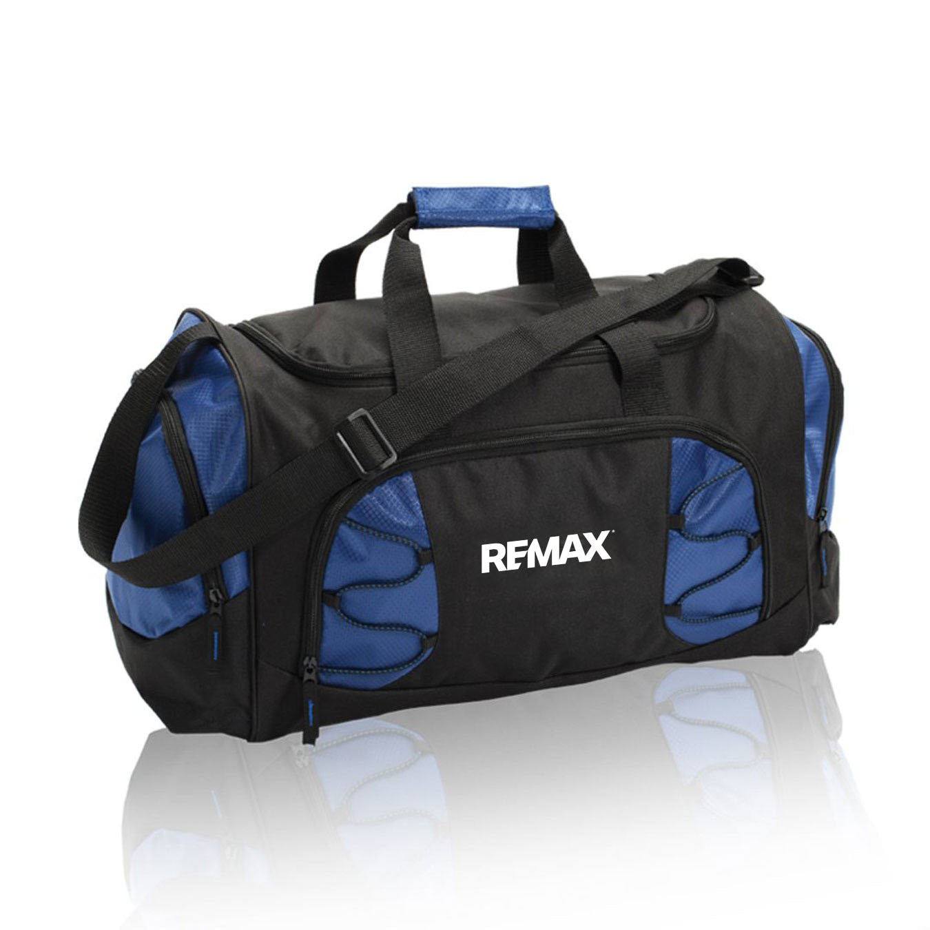 Black and blue duffel bag with 'Remax' branding on a white background