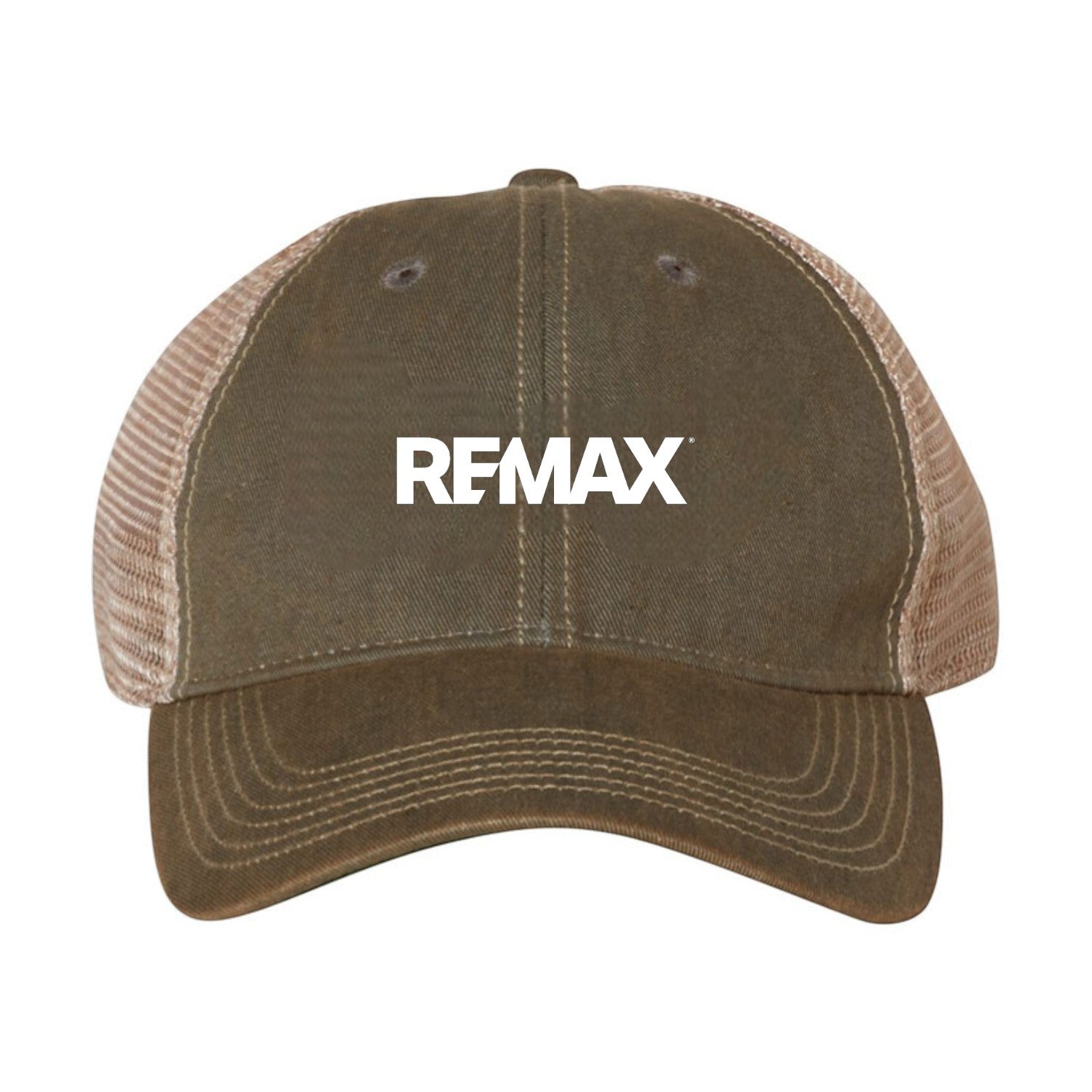 Brown trucker cap with 'REMAX' logo on a white background