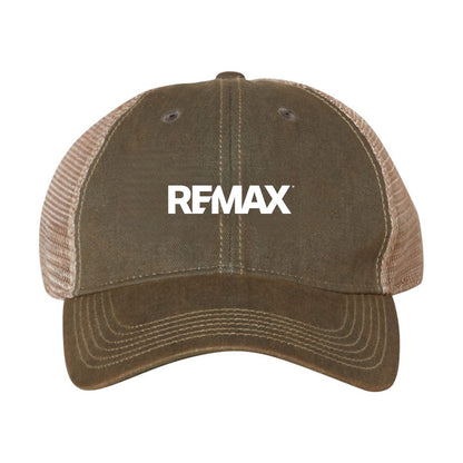Brown trucker cap with 'REMAX' logo on a white background