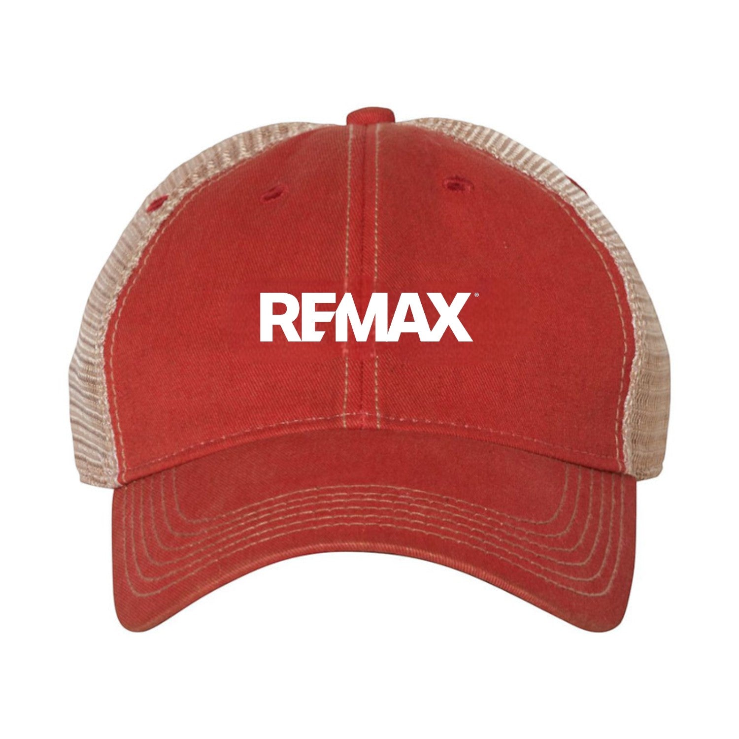 Red cap with beige mesh and REMAX logo on a white background