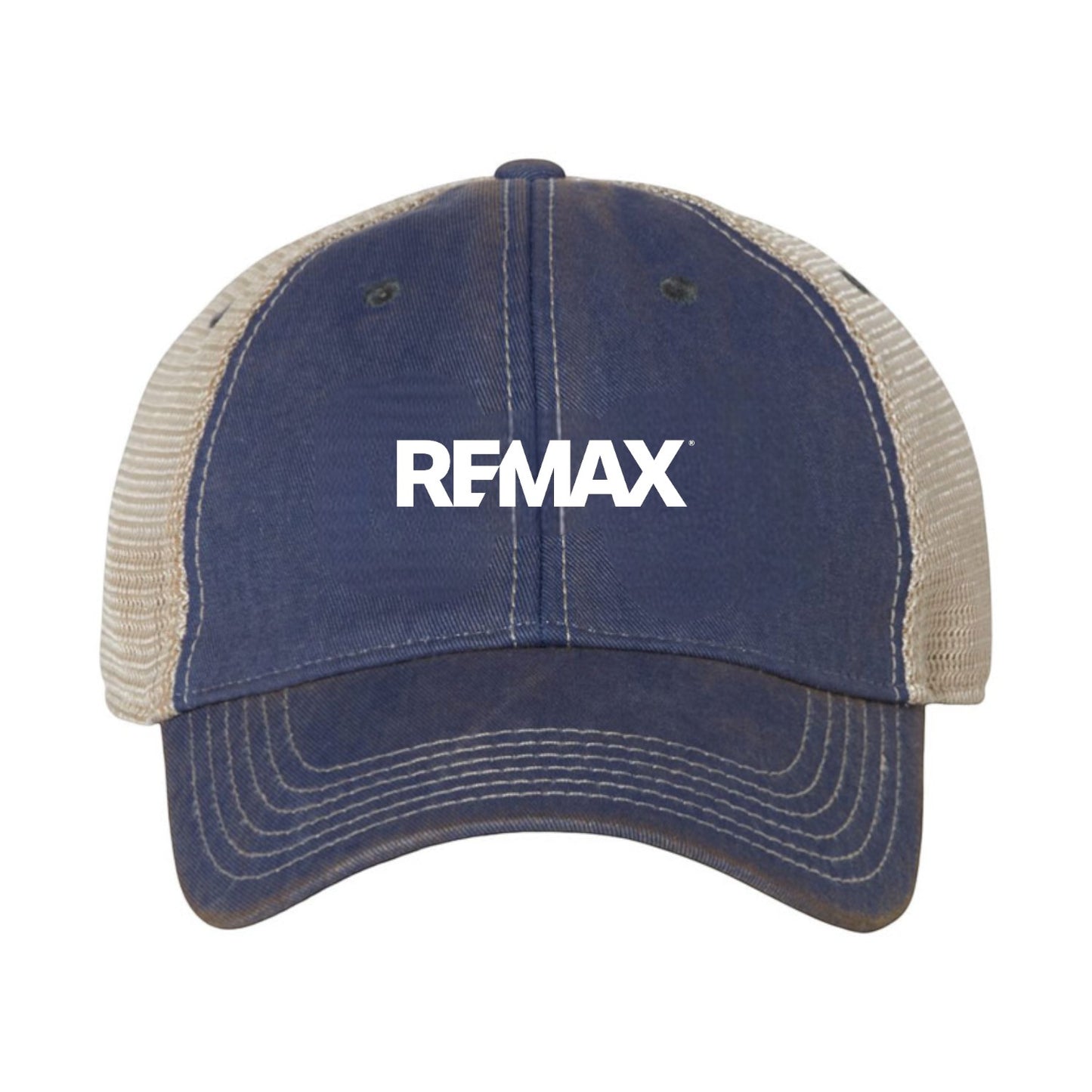 Blue and beige cap with 'REMAX' logo on a white background