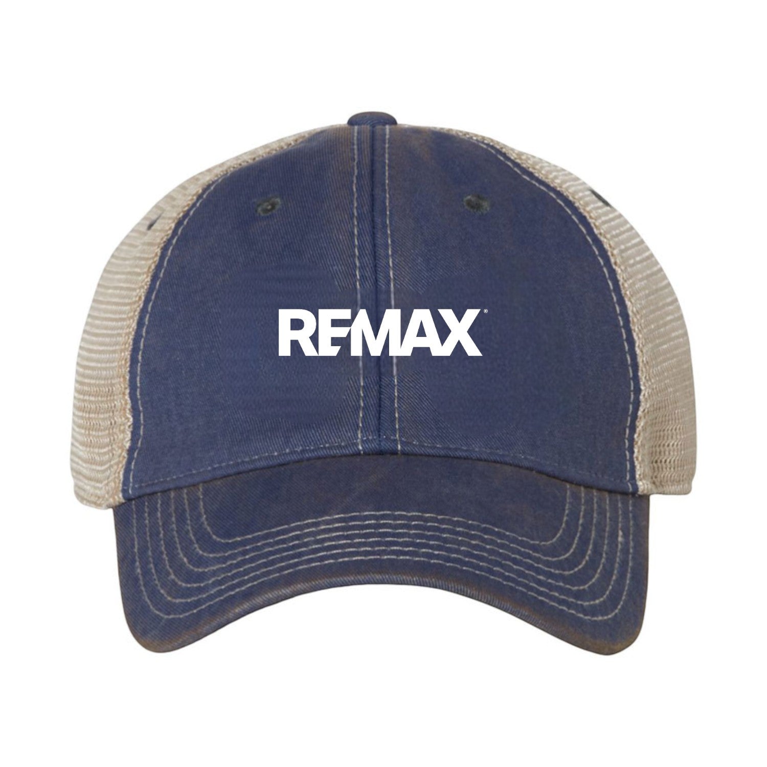 Blue and beige cap with 'REMAX' logo on a white background