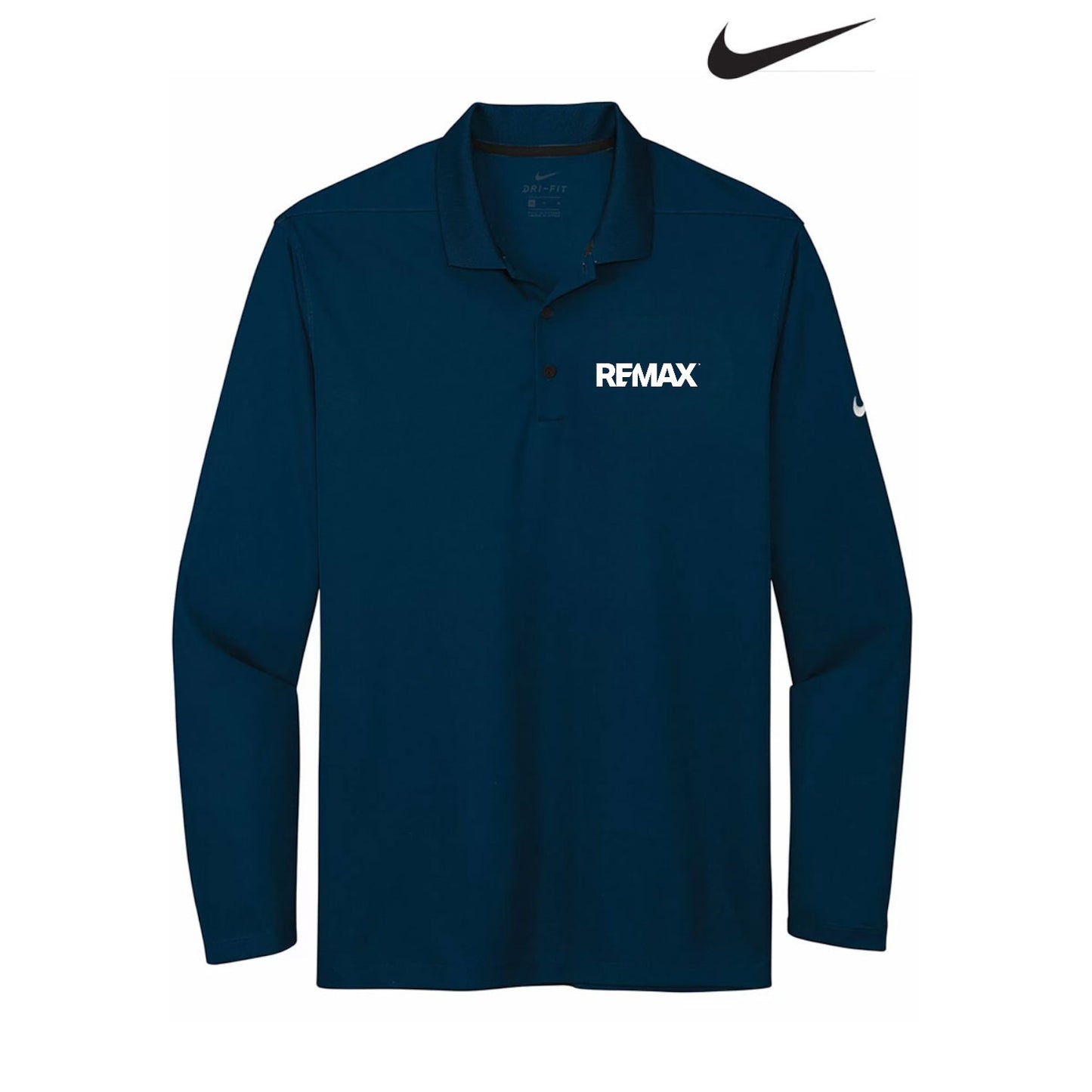 Navy long-sleeve polo shirt with REMAX logo on a white background