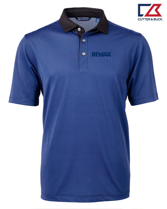 Blue striped polo shirt with RE/MAX logo on a white background