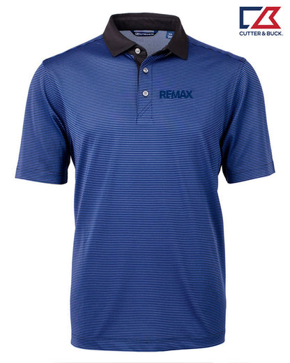 Blue striped polo shirt with RE/MAX logo on a white background