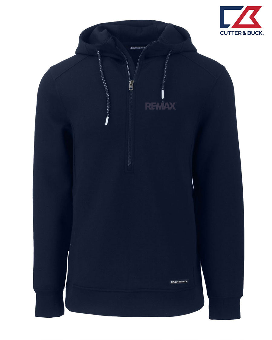 Navy hoodie with 'REMAX' branding on a white background, featuring the Cutter & Buck logo.
