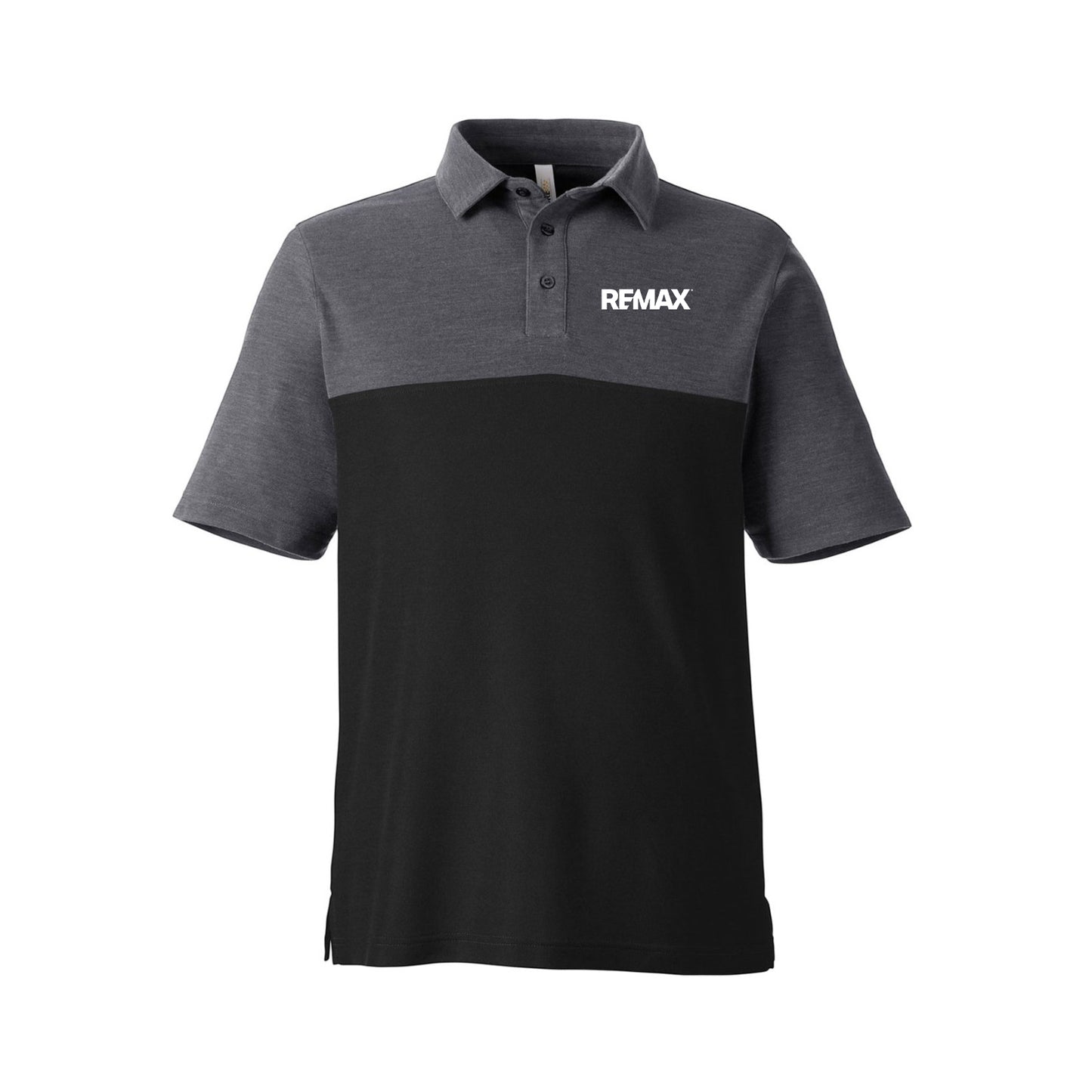 A short-sleeve polo shirt with a two-tone design, featuring a dark gray upper yoke and collar with a black lower body, and the white REMAX logo on the left chest.