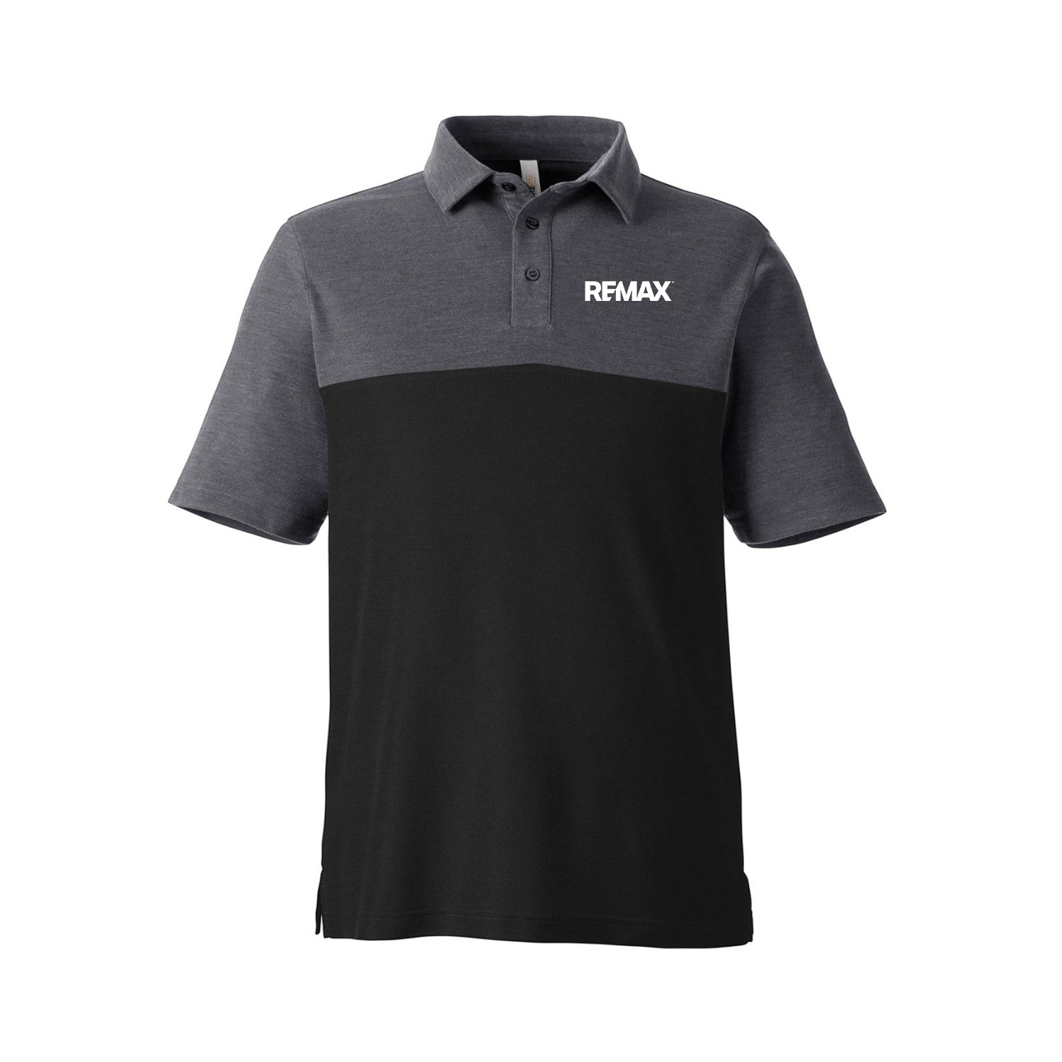 A short-sleeve polo shirt with a two-tone design, featuring a dark gray upper yoke and collar with a black lower body, and the white REMAX logo on the left chest.