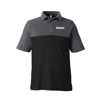 A short-sleeve polo shirt with a two-tone design, featuring a dark gray upper yoke and collar with a black lower body, and the white REMAX logo on the left chest.