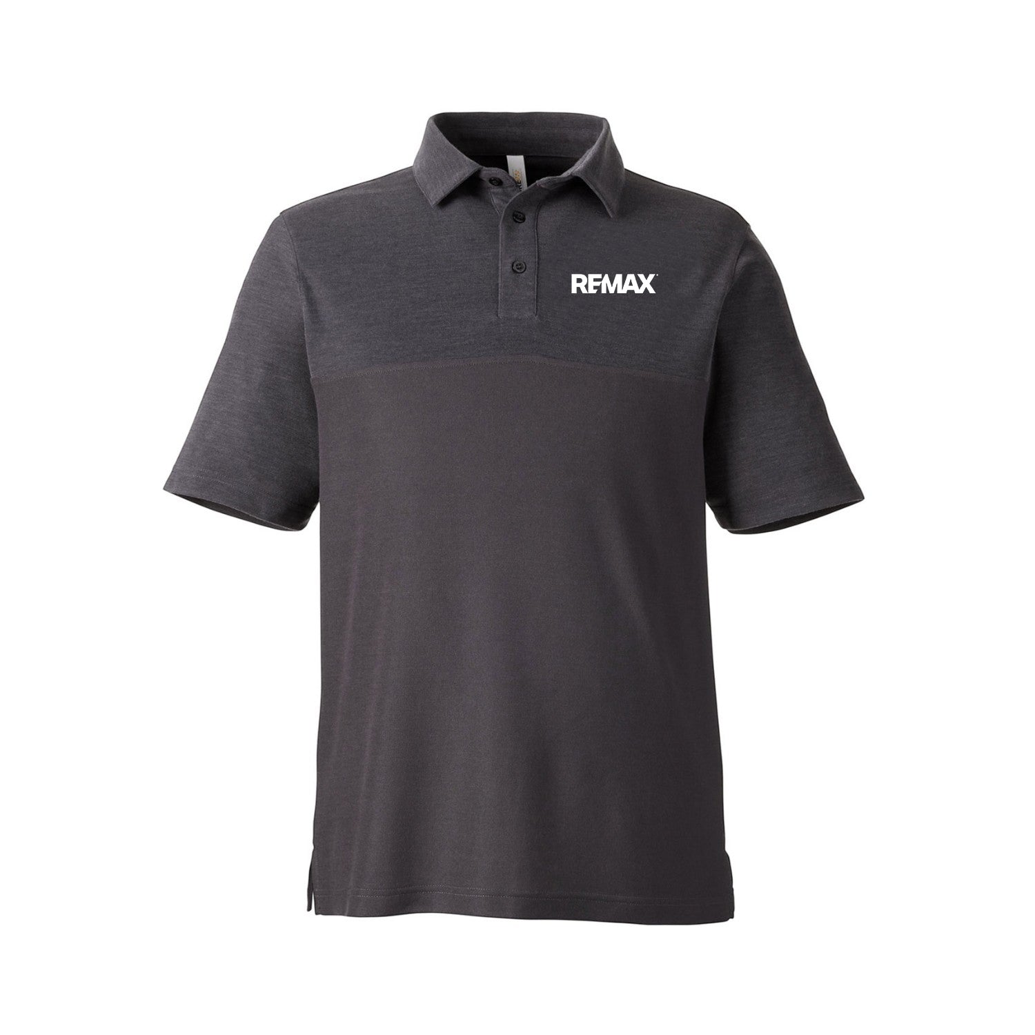 A dark gray short-sleeve polo shirt with a white REMAX logo on the left chest, displayed on a clean white background.
