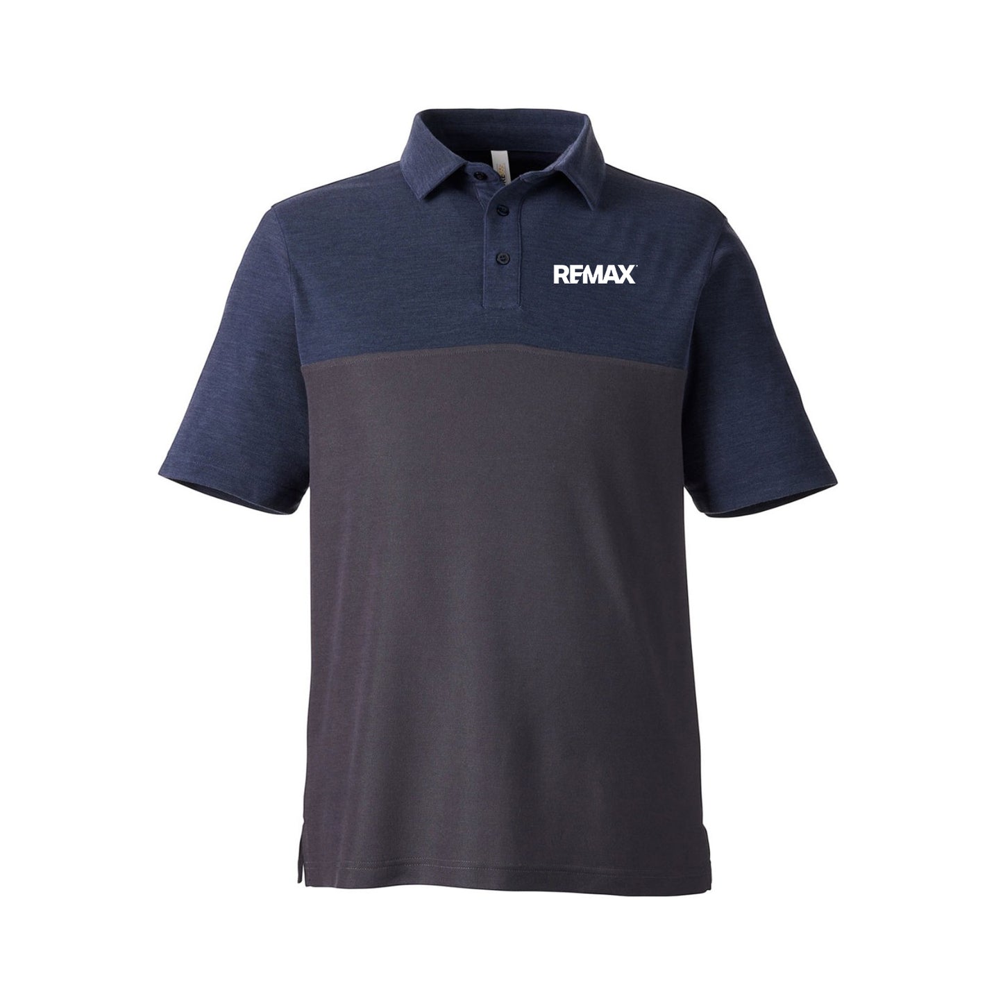 A short-sleeve polo shirt in navy blue and dark gray color blocking, featuring the white REMAX logo on the left chest, displayed on a clean white background.