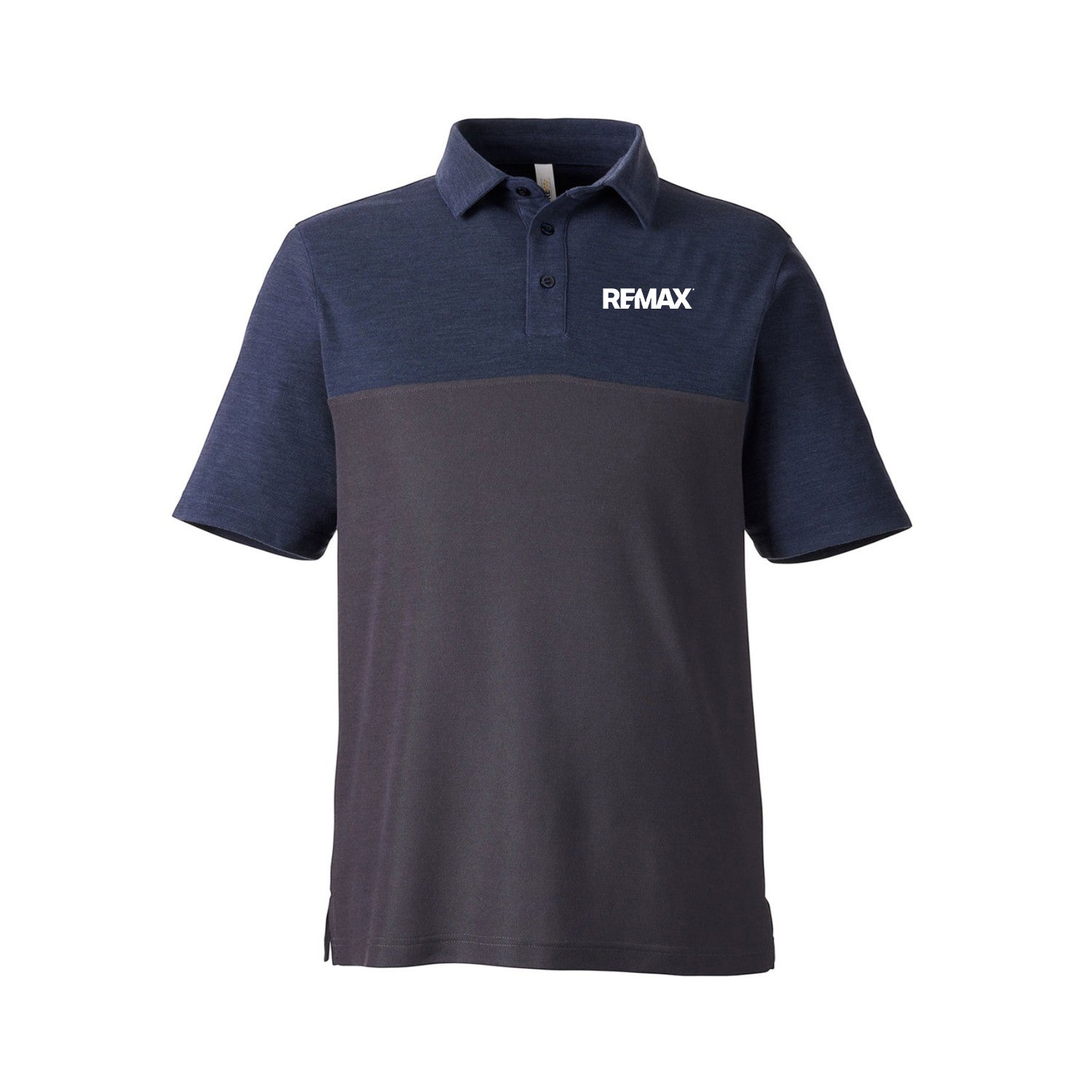 A short-sleeve polo shirt in navy blue and dark gray color blocking, featuring the white REMAX logo on the left chest, displayed on a clean white background.