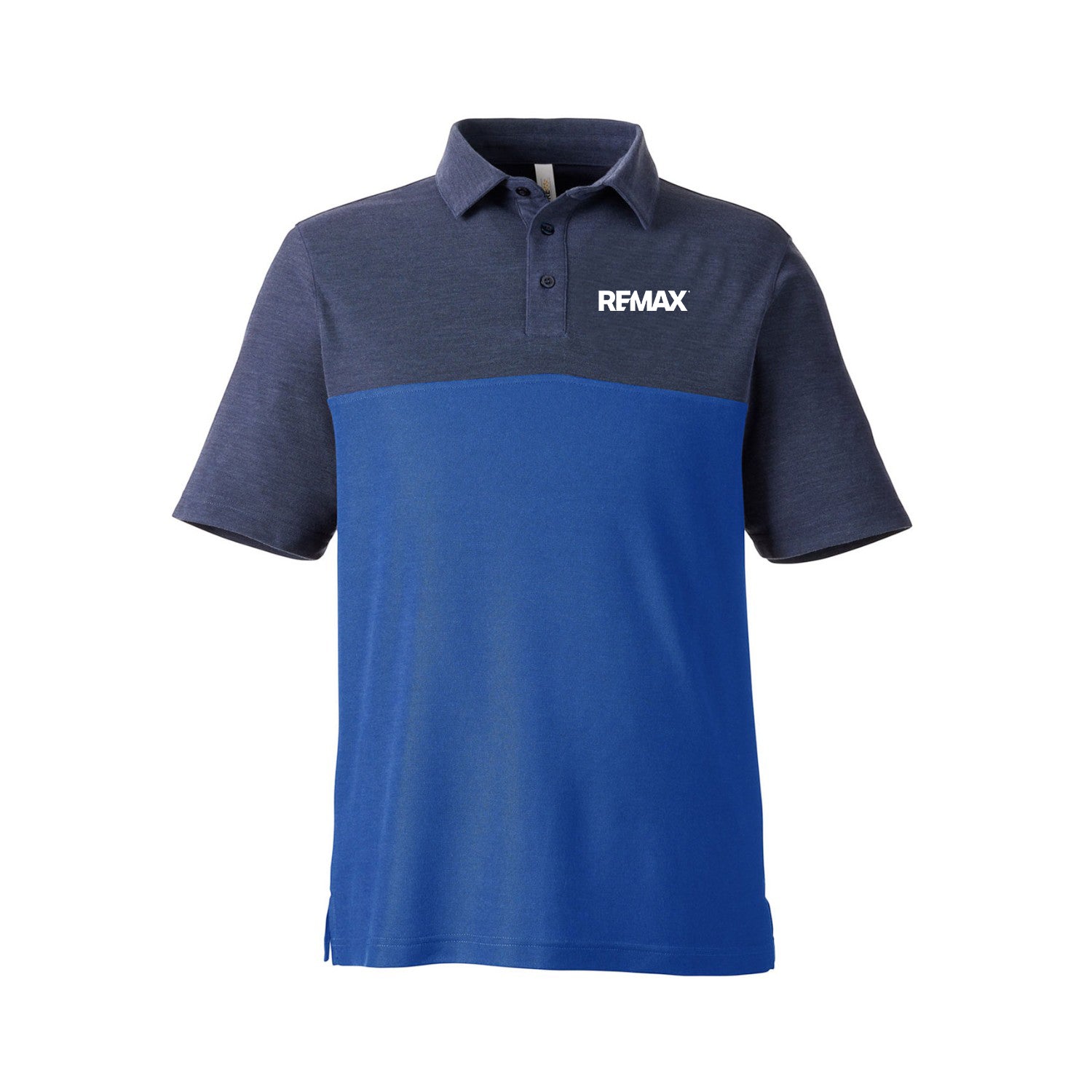 A short-sleeve polo shirt with a color-blocked design, featuring a heathered dark navy upper section and collar, and a solid royal blue lower section. The word 'REMAX' is printed in white on the left chest.