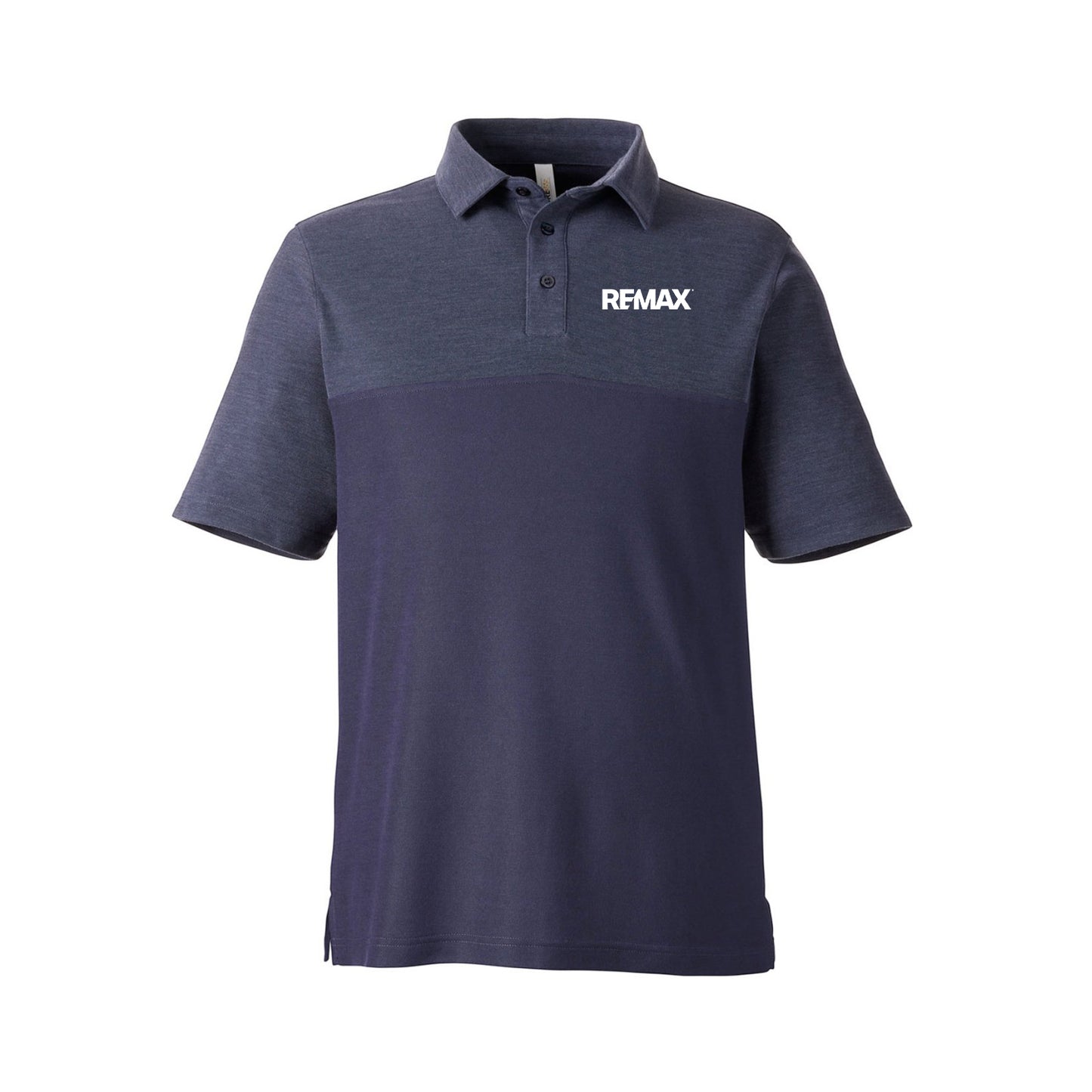 A short-sleeve polo shirt in dark navy blue with a heathered navy yoke and collar, featuring the white REMAX logo on the left chest, displayed on a clean white background.