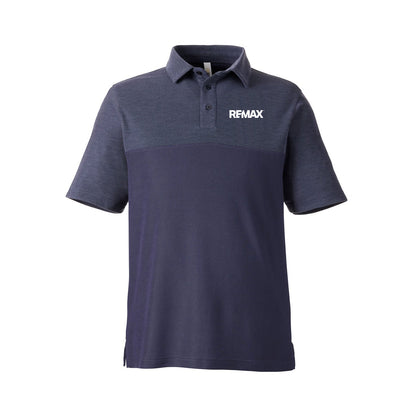 A short-sleeve polo shirt in dark navy blue with a heathered navy yoke and collar, featuring the white REMAX logo on the left chest, displayed on a clean white background.