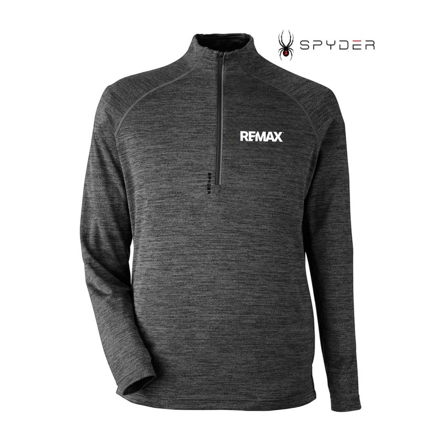 A dark gray heathered long-sleeve quarter-zip pullover with a white REMAX logo on the left chest, displayed on a clean white background with the Spyder brand logo in the top right corner.