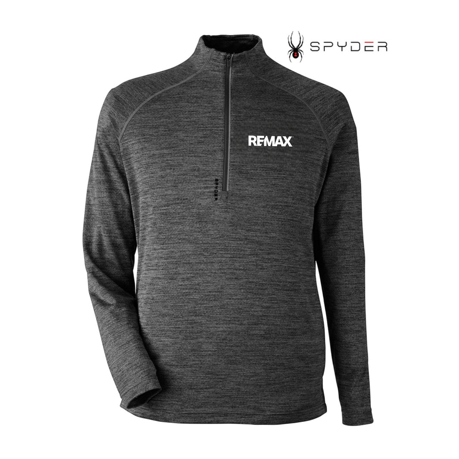 A dark gray heathered long-sleeve quarter-zip pullover with a white REMAX logo on the left chest, displayed on a clean white background with the Spyder brand logo in the top right corner.