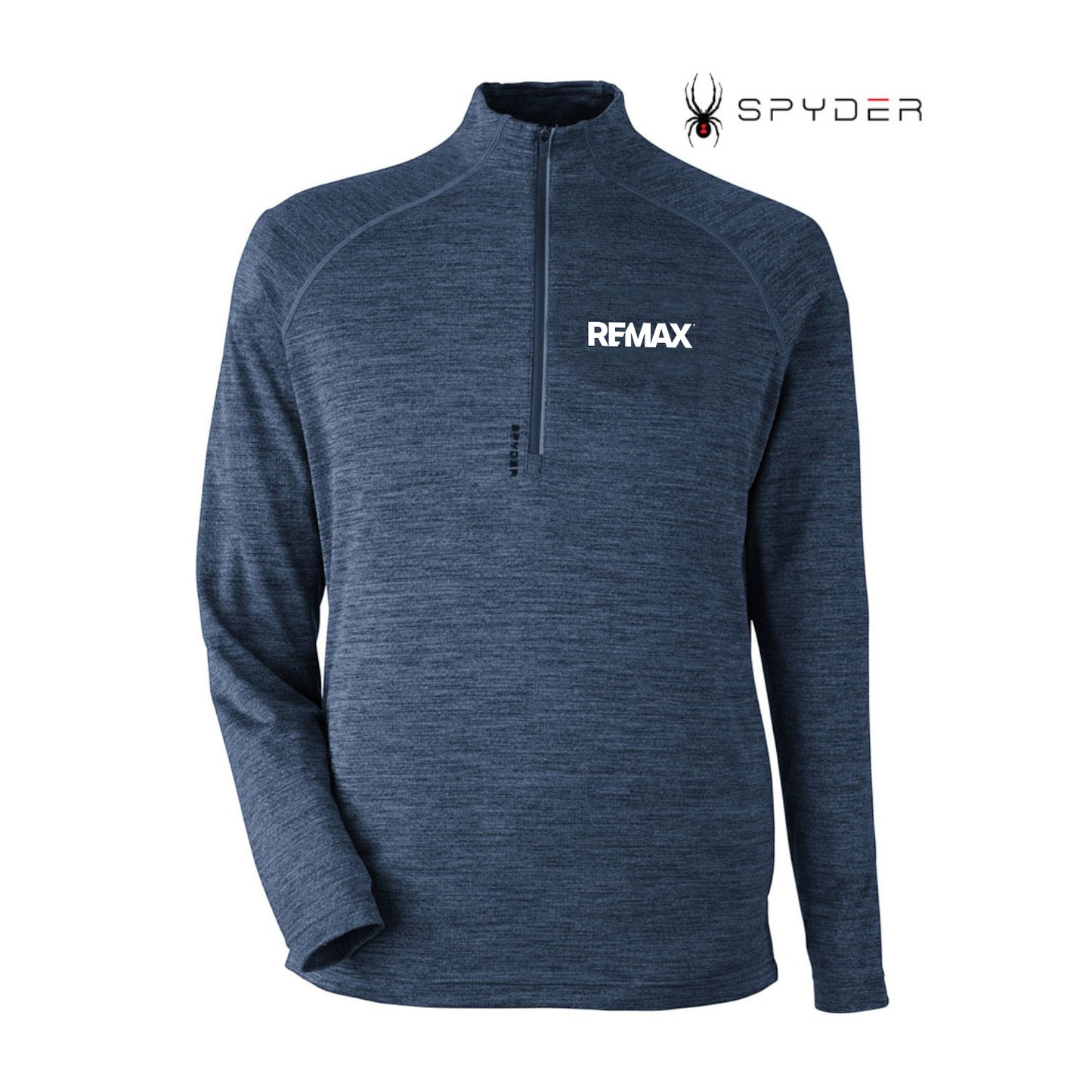 A navy blue heathered long-sleeve quarter-zip pullover with 'REMAX' printed in white on the left chest, shown on a plain white background with the Spyder logo in the top right corner.