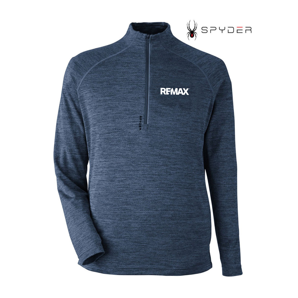 A navy blue heathered long-sleeve quarter-zip pullover with 'REMAX' printed in white on the left chest, shown on a plain white background with the Spyder logo in the top right corner.