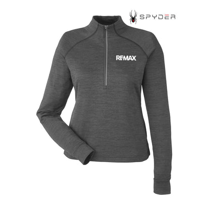 A dark gray heather long-sleeve quarter-zip pullover with 'REMAX' printed in white on the left chest, shown on a plain white background with the Spyder logo in the top right corner.