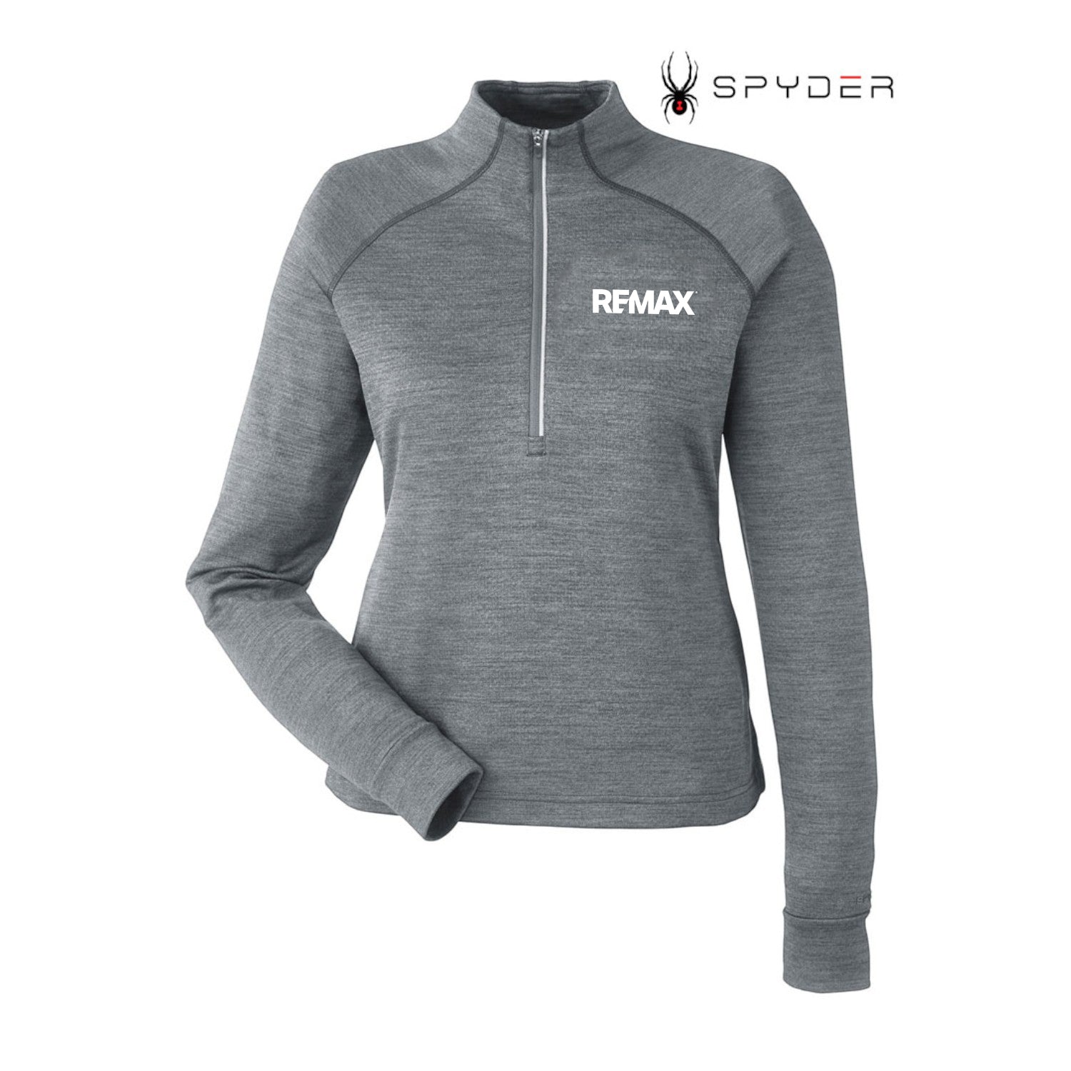 A gray heathered long-sleeve quarter-zip pullover top with 'REMAX' printed in white on the left chest, shown on a plain white background with the Spyder logo in the top right corner.