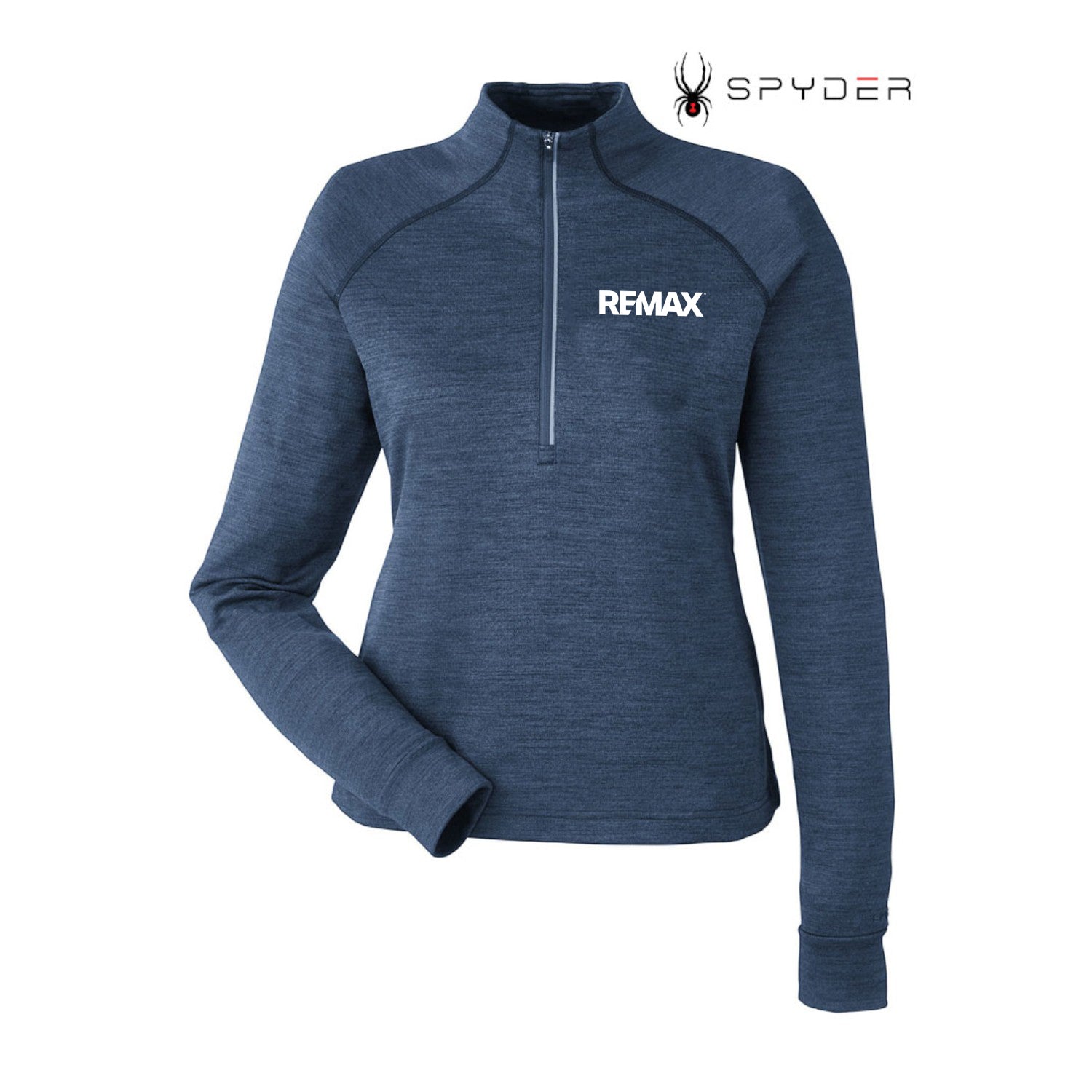 A women's heathered blue half-zip pullover jacket with 'REMAX' printed in white on the left chest, shown on a plain white background with the Spyder logo in the top right corner.