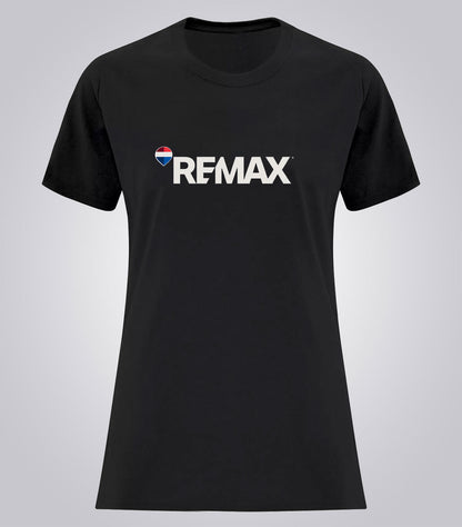 A black short-sleeve crewneck t-shirt featuring the word 'REMAX' printed in white across the chest, with a small red, white, and blue heart logo to the left of the text.