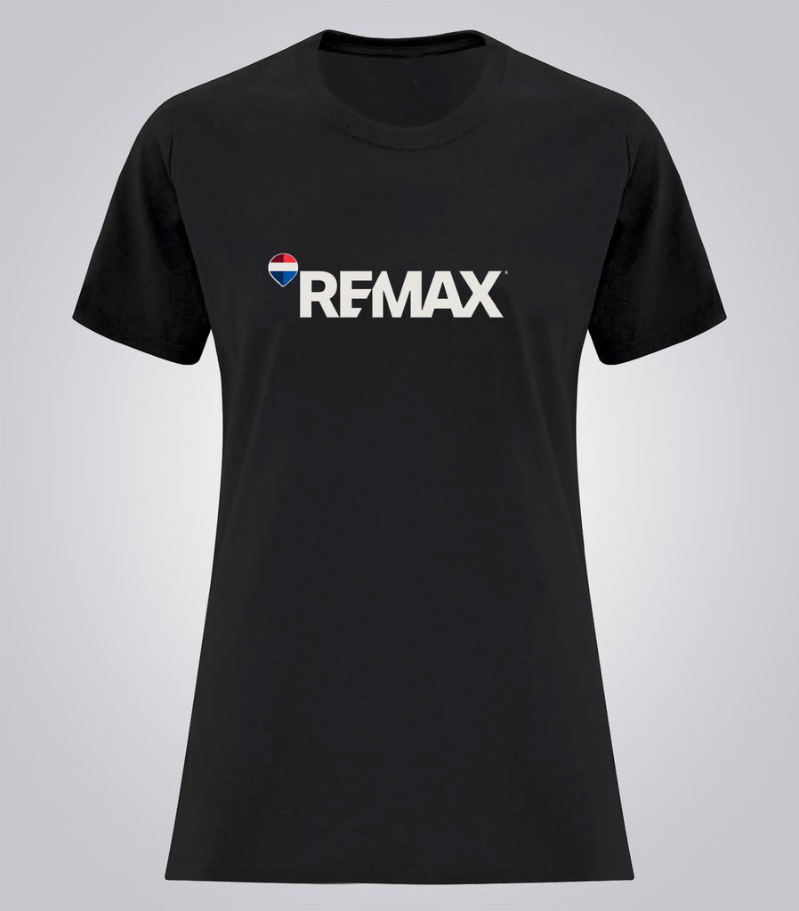 A black short-sleeve crewneck t-shirt featuring the word 'REMAX' printed in white across the chest, with a small red, white, and blue heart logo to the left of the text.