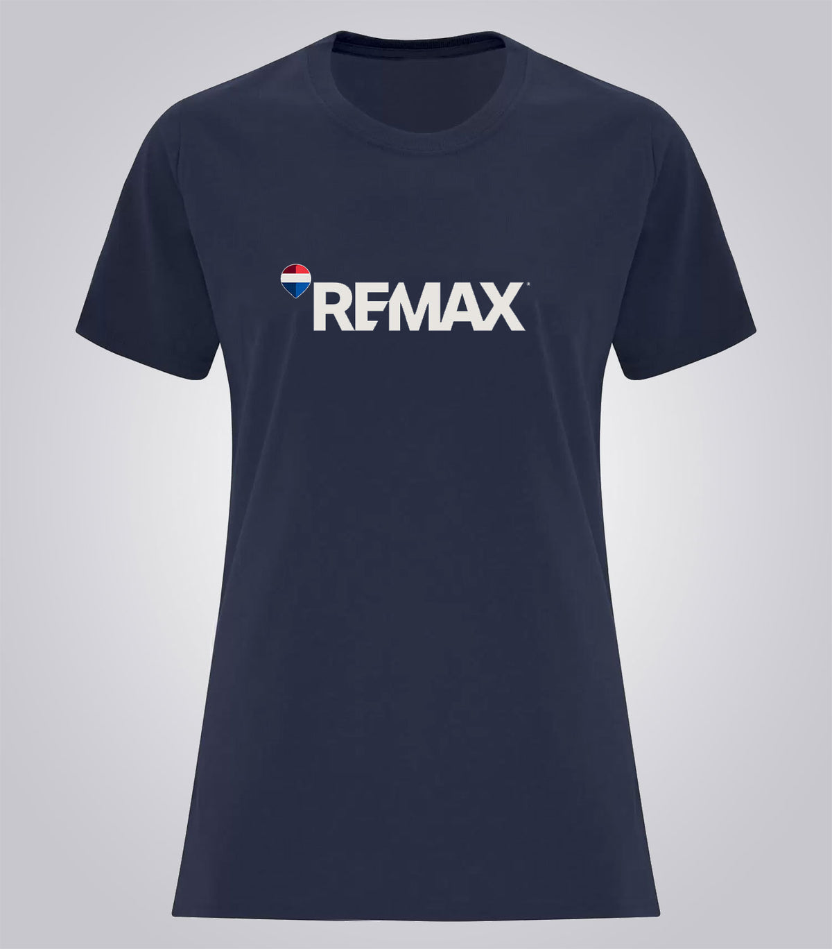 A navy blue short-sleeve crewneck t-shirt featuring the word 'REMAX' printed in white across the chest, with a small red, white, and blue shield logo on the left side of the text.