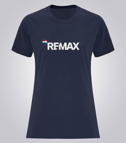 A navy blue short-sleeve crewneck t-shirt featuring the word 'REMAX' printed in white across the chest, with a small red, white, and blue shield logo on the left side of the text.