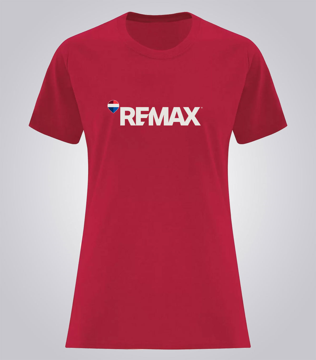 A red short-sleeve crewneck t-shirt featuring the word 'REMAX' printed in white across the chest, with a small heart-shaped Croatian flag graphic to the left of the text.
