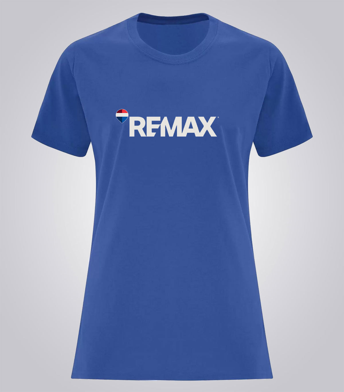 A royal blue short-sleeve crewneck t-shirt featuring the word 'REMAX' in white across the chest, with a small red, white, and blue heart logo to the left of the text.