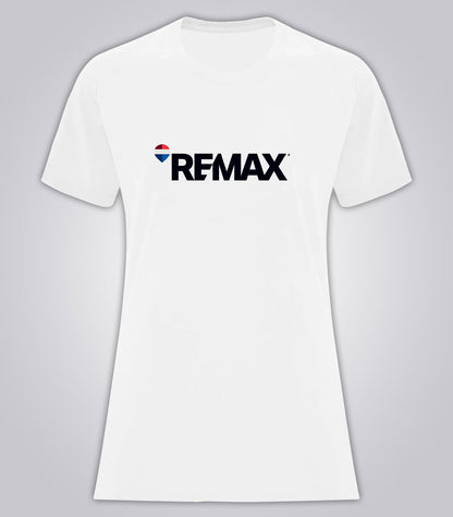 A white short-sleeve crewneck t-shirt featuring the black 'REMAX' logo with a small red, white, and blue shield icon on the chest, displayed against a neutral gray background.