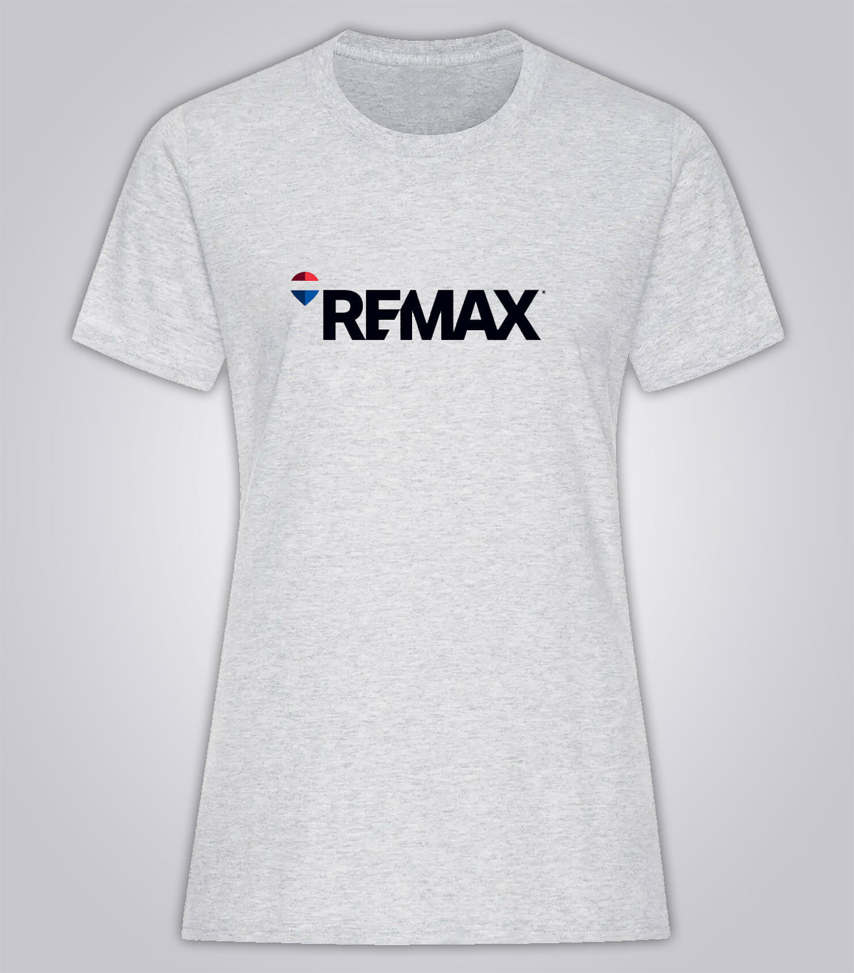 A light heather gray short-sleeve crewneck t-shirt featuring the black 'REMAX' logo with a small red, white, and blue shield icon on the chest, displayed against a neutral gray background.