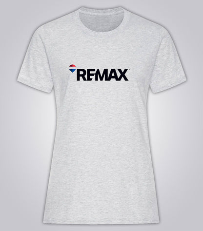 A light heather gray short-sleeve crewneck t-shirt featuring the black 'REMAX' logo with a small red, white, and blue shield icon on the chest, displayed against a neutral gray background.