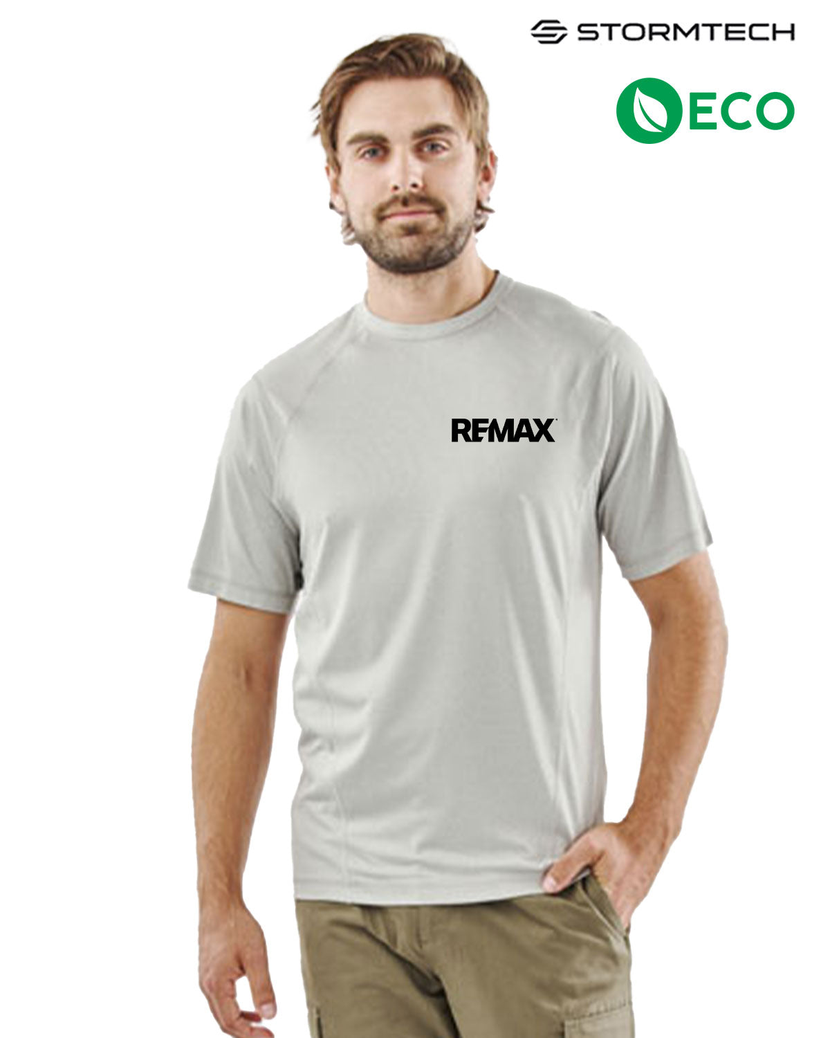 Man wearing a gray t-shirt with REMAX logo on a white background, featuring Stormtech branding.