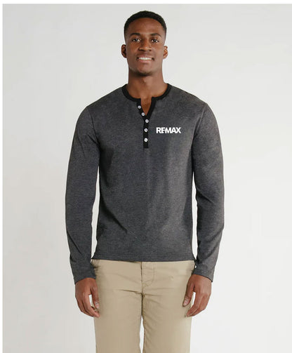 Man wearing a gray long-sleeve shirt with 'REMAX' logo on a white background