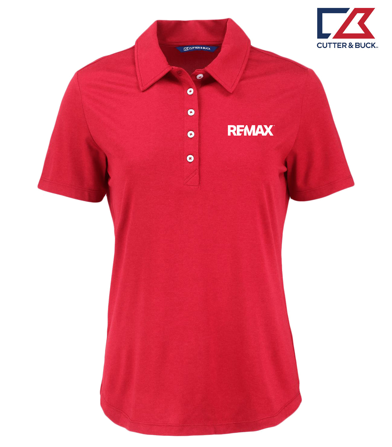 A red short-sleeve polo shirt with a collar and three-button placket, featuring the white 'RFMAX' logo on the left chest. The Cutter & Buck logo is visible in the top right corner.