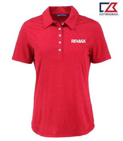A red short-sleeve polo shirt with a collar and three-button placket, featuring the white 'RFMAX' logo on the left chest. The Cutter & Buck logo is visible in the top right corner.