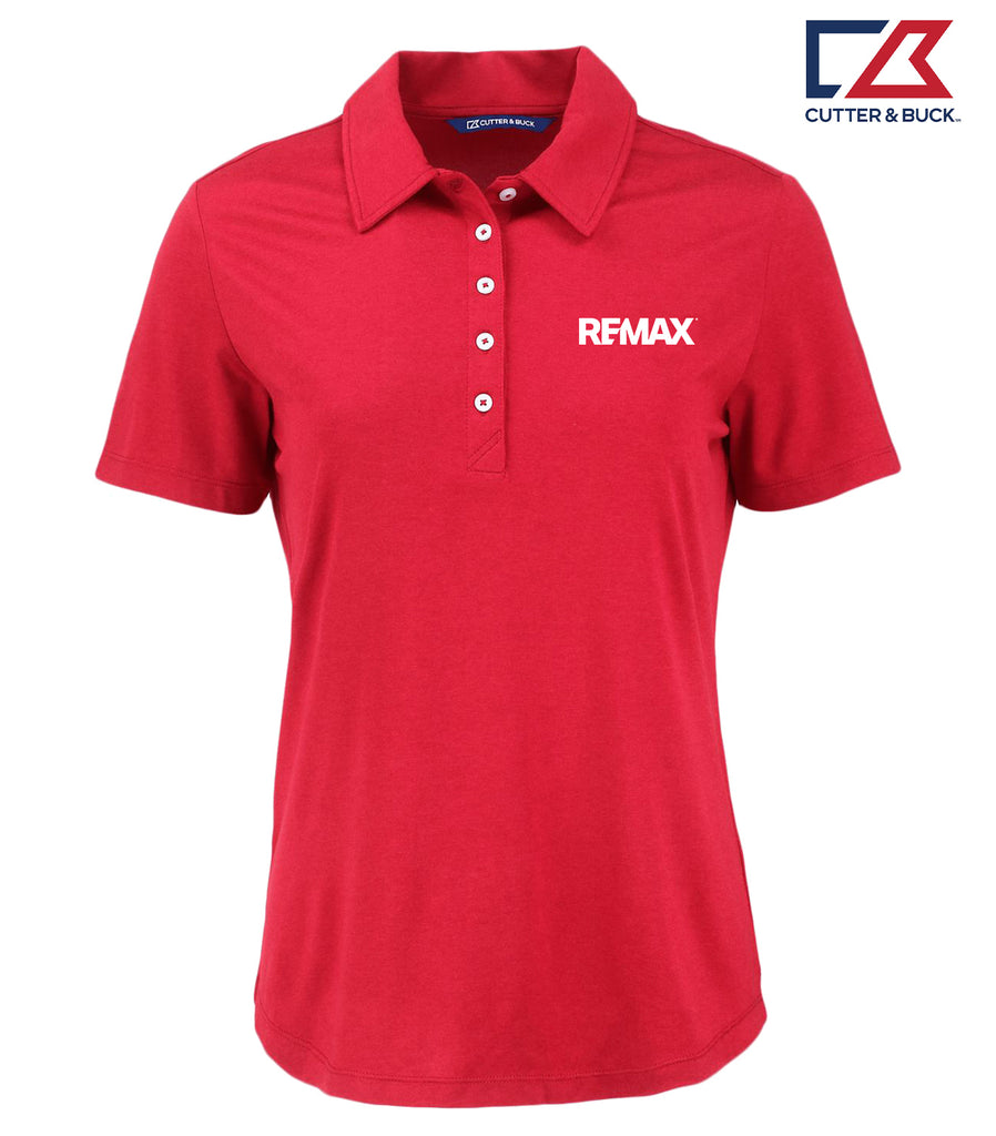 A red short-sleeve polo shirt with a collar and three-button placket, featuring the white 'RFMAX' logo on the left chest. The Cutter & Buck logo is visible in the top right corner.