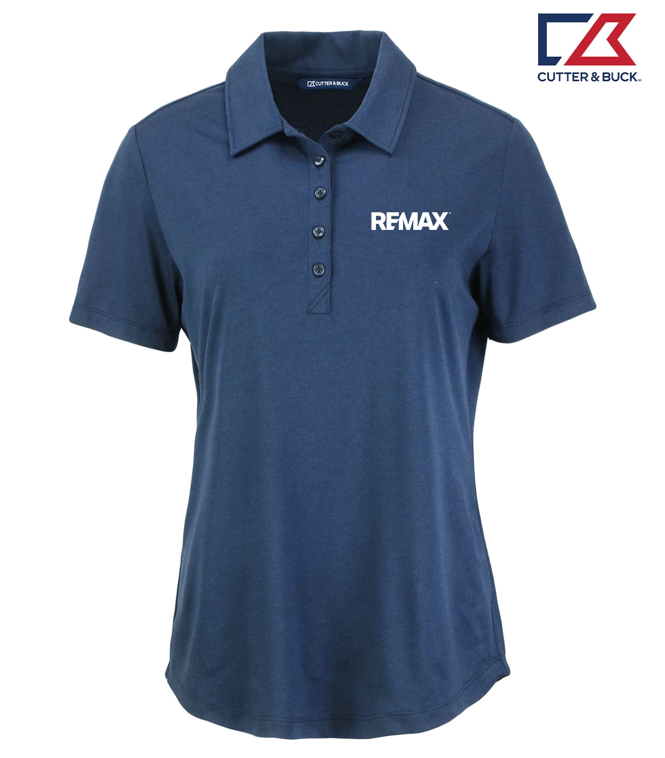 A navy blue short-sleeve polo shirt with a collar and three-button placket, featuring the white REMAX logo on the left chest. The Cutter & Buck logo is visible in the top right corner.