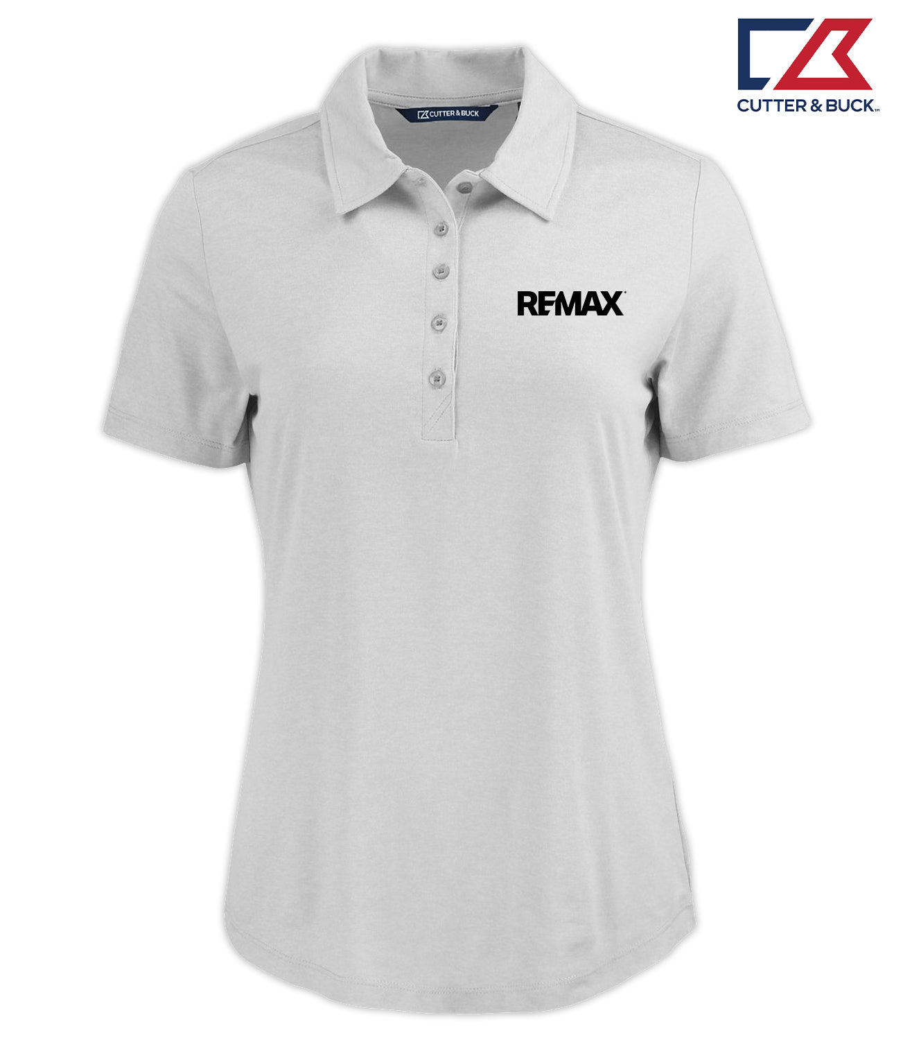 A light gray short-sleeve polo shirt with a collar and three-button placket, featuring the black 'REMAX' logo on the left chest. The Cutter & Buck logo is visible in the top right corner.